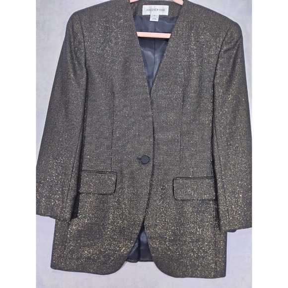 Vtg Oversized Blazer Womens 10 Boyfriend Jones New York Wool Gold Metallic - Picture 2 of 9